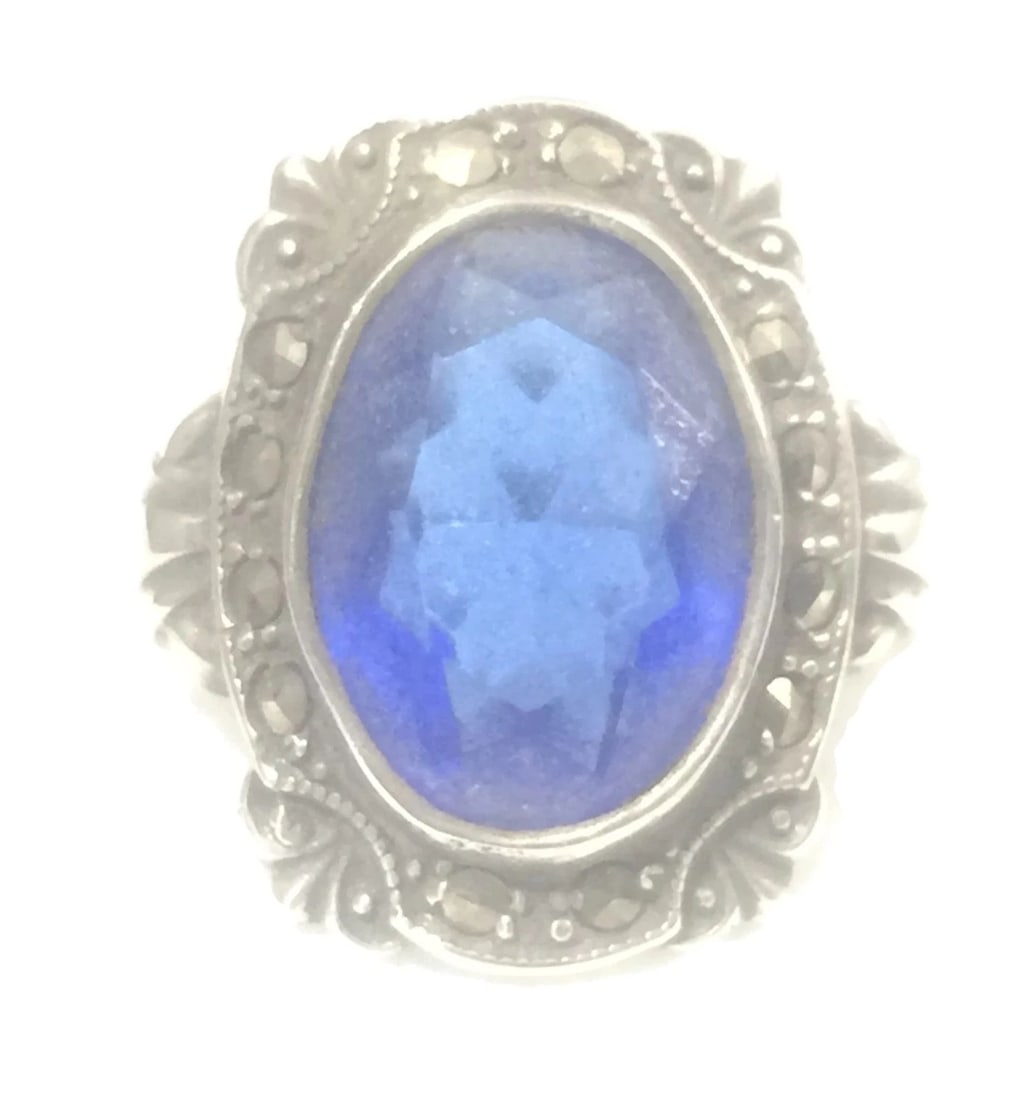 BLUE GLASS MARCASITE RING ART DECO VINTAGE STERLING SILVER PINKY SIZE 5.75: BLUE GLASS MARCASITE RING ART DECO VINTAGE STERLING SILVER PINKY SIZE 5.75 Cobalt Blue Glass Marcasite Art Deco Ring Sterling Silver Ring ****As Is Surface of Blue Glass is Worn - No Chips - Wearable 
