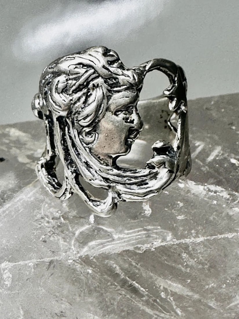 FACE RING LADY STAR SIZE 6.25 LONG HAIR ART DECO STYLE STERLING SILVER WOMEN (1 of 2)