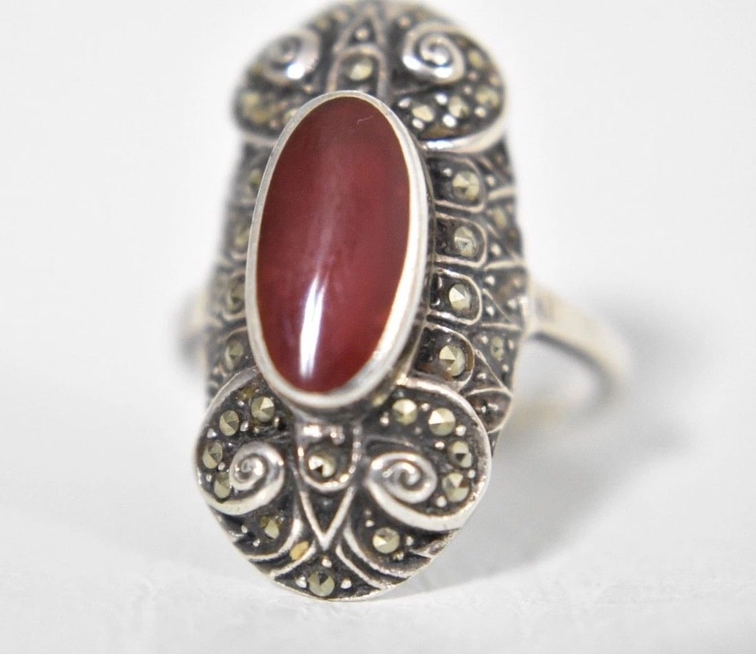 CARNELIAN RING ART DECO MARCASITES VINTAGE STERLING SILVER VINES SIZE 6.75 (1 of 1)