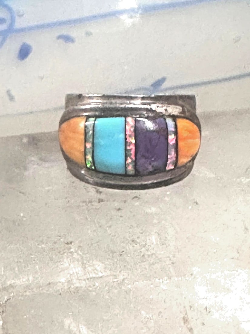 TURQUOISE LAB OPAL SPINY OYSTER RING SIZE 7.7 SOUTHWEST SIGNED STERLING SILVER (1 of 2)
