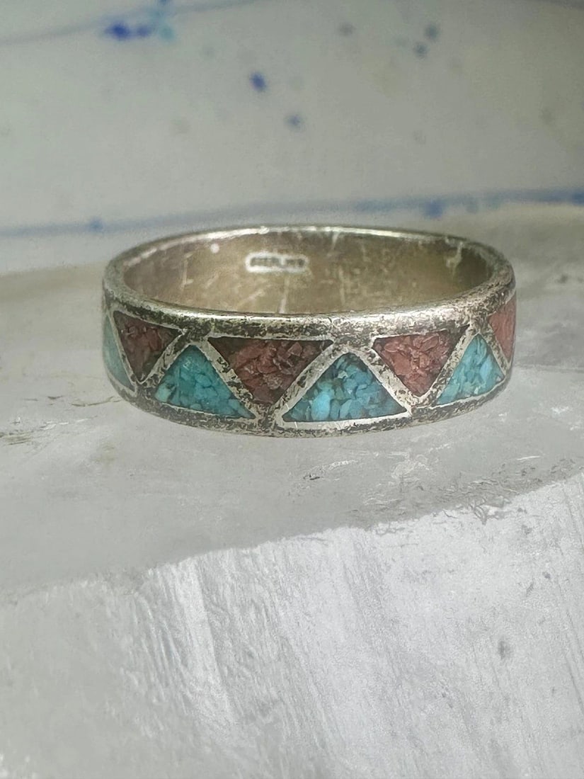 ZUNI TURQUOISE RING CORAL WEDDING BAND SIZE 12.25 VINTAGE STERLING SILVER WOMEN: ZUNI TURQUOISE RING CORAL WEDDING BAND SIZE 12.25 VINTAGE STERLING SILVER WOMEN Zuni turquoise ring coral wedding band Size 12.25 Vintage sterling silver women men Size 12.25 Between a size 12.25 and 