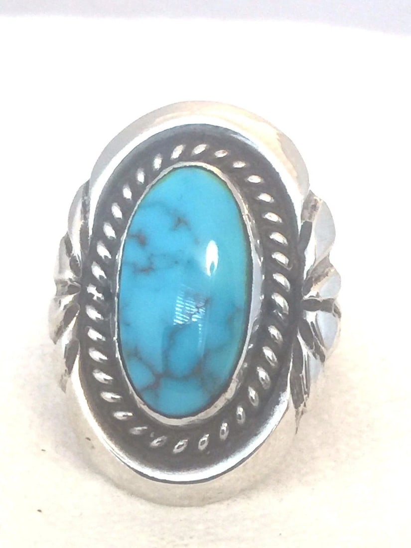 NATIVE AMERICAN NAVAJO RING SIZE 5.75TURQUOISE SIGN MH VINTAGE STERLING SILVER: NATIVE AMERICAN NAVAJO RING SIZE 5.75TURQUOISE SIGN MH VINTAGE STERLING SILVER Vintage Sterling Silver Native American Navajo Turquoise Ring Signed MH Size 5.75 Weight 9.8g Length 1 1/8"" Width 3/4" F