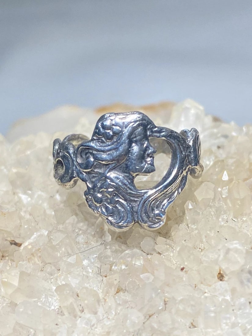 LADY FACE RING SIZE 6.25 ART DECO BAND FLORAL ART NOUVEAU STERLING SILVER WOMEN (1 of 1)