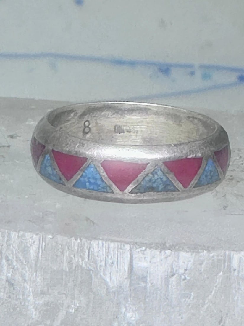 ZUNI RING WEDDING BAND STERLING SILVER TURQUOISE CORAL CHIPS SIZE 7.5 MEN WOMEN: ZUNI RING WEDDING BAND STERLING SILVER TURQUOISE CORAL CHIPS SIZE 7.5 MEN WOMEN Zuni ring wedding band sterling silver turquoise coral chips size 7.5 men women b Size 7.50 Between a size 7.50 and a si