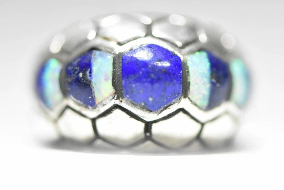 BLUE LAPIS RING OPAL BAND SOUTHWEST BAND STERLING SILVER WOMEN SIZE 6.25: BLUE LAPIS RING OPAL BAND SOUTHWEST BAND STERLING SILVER WOMEN SIZE 6.25 Blue Lapis ring opal band southwest band sterling silver women girls boys Signed Masha hard to read Lab Opal Size 6.25 Between 