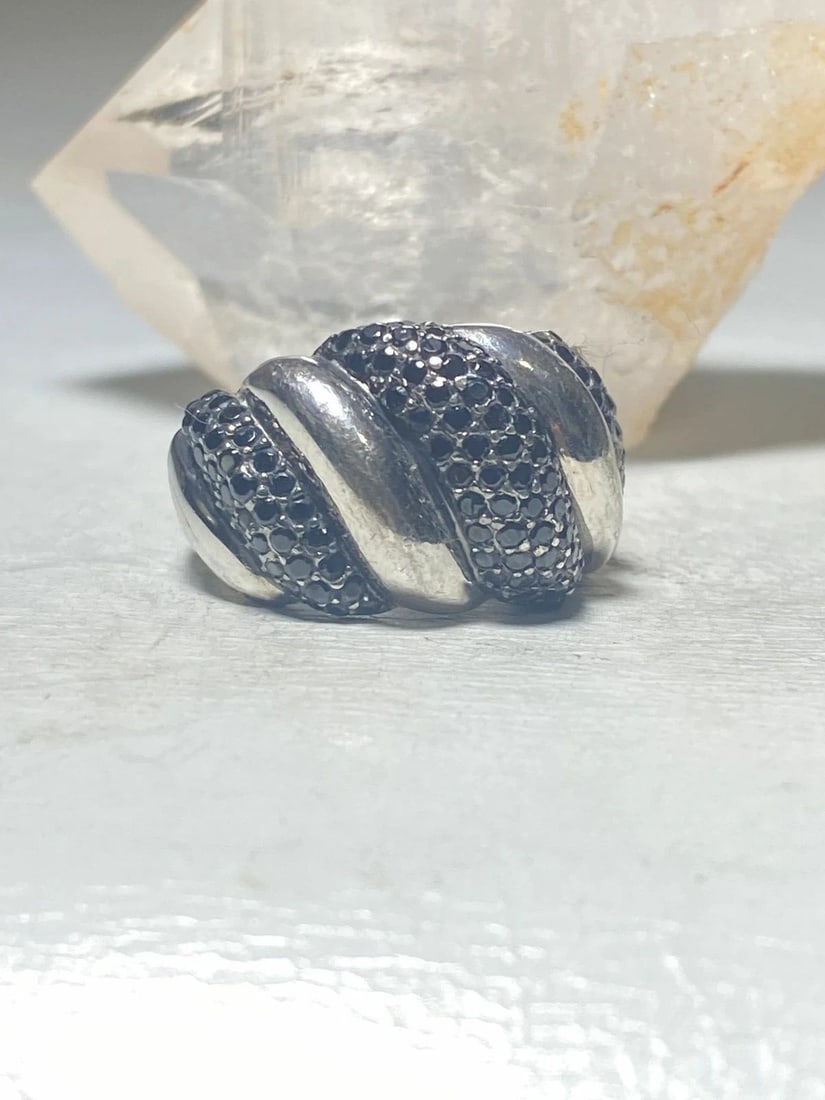 CHUNKY RING SIZE 6.75 DOME BLACK CRYSTALS FLUTED BAND STERLING SILVER WOMEN (1 of 2)