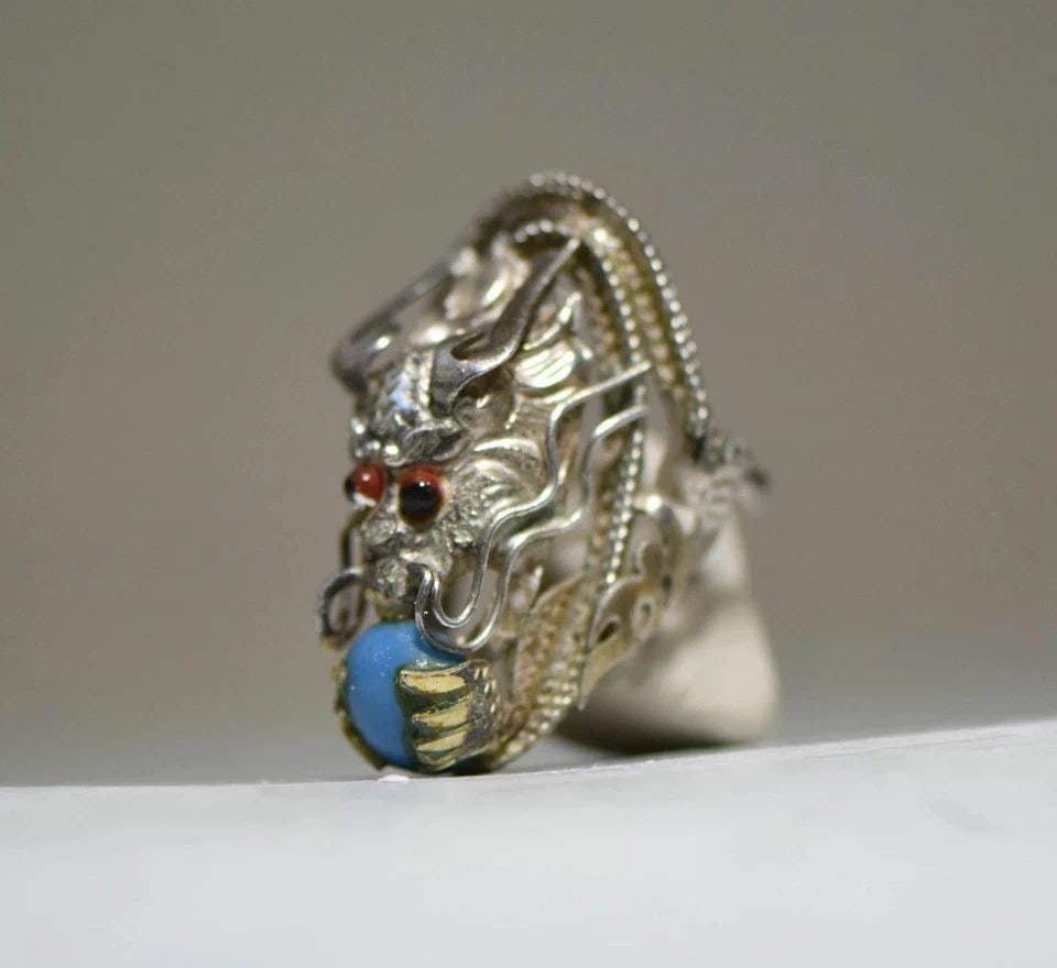 SILVER DRAGON RING BLUE GLASS BOHO VINTAGE STERLING SILVER WOMEN (1 of 1)