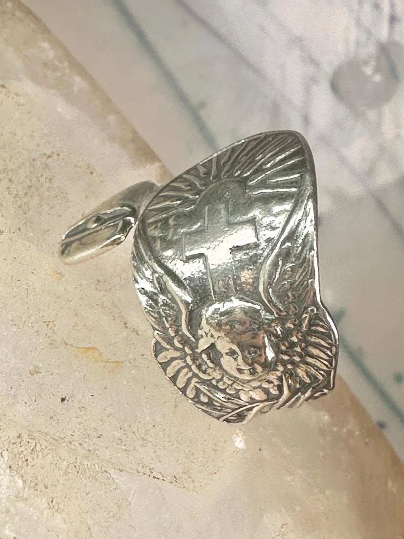 SPOON RING ANGEL CROSS RELIGIOUS SUNRISE SUN SUNSET BAND STERLING SILVER SIZE 7.: SPOON RING ANGEL CROSS RELIGIOUS SUNRISE SUN SUNSET BAND STERLING SILVER SIZE 7. Spoon ring angel cross religious sunrise sun sunset band sterling silver size 7.2 sterling silver Size 7.25 adjustable 