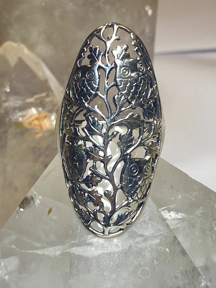 OWLS RING SIZE 11.75 LONG FILIGREE ORNATE BAND STERLING SILVER WOMEN GIRLS: OWLS RING SIZE 11.75 LONG FILIGREE ORNATE BAND STERLING SILVER WOMEN GIRLS Owls ring long filigree ornate band sterling silver women girls Size 11.75 Between a size 11.75 and a size 12 Weight 10.8g Le