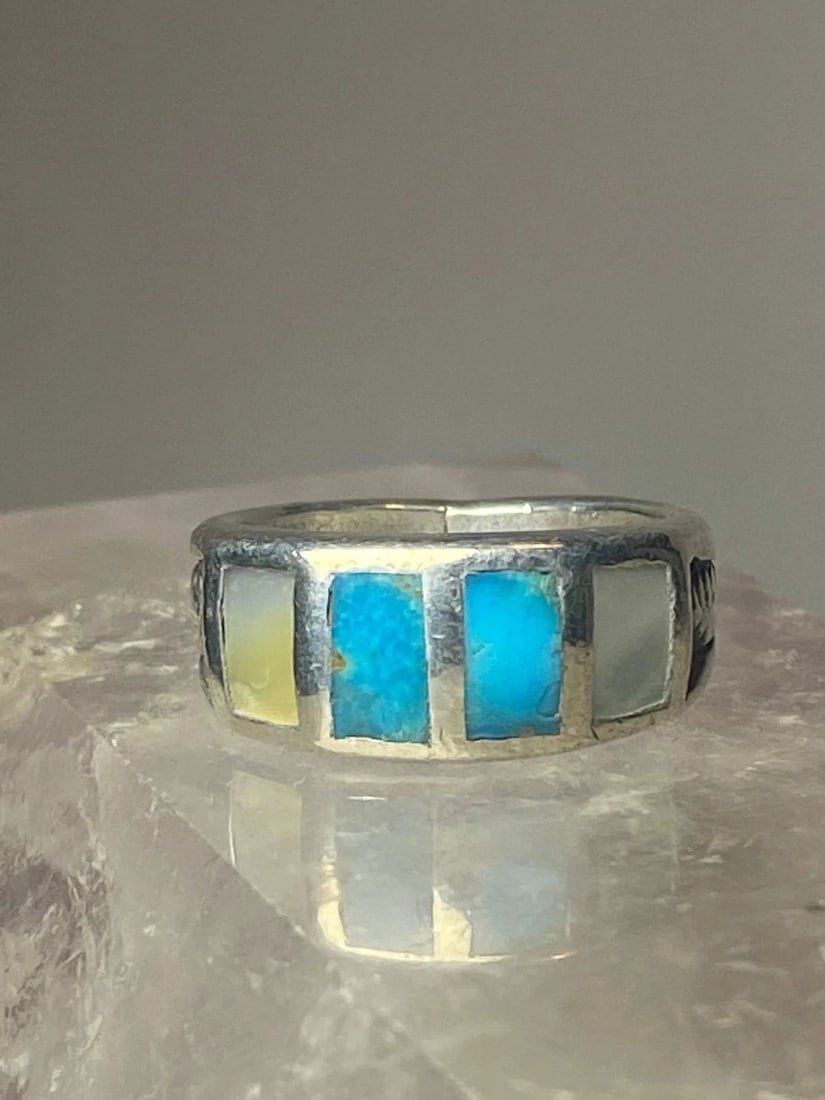 TURQUOISE RING MOTHER OF PEARL MOP BAND PINKY SOUTHWEST STERLING SILVER WOMEN GI (1 of 2)