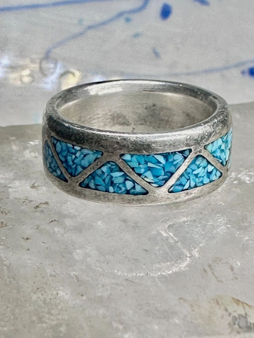 ZUNI WEDDING RING TURQUOISE CHIPS WEDDING BAND SIZE 6.50 STERLING SILVER WOMEN M (1 of 2)