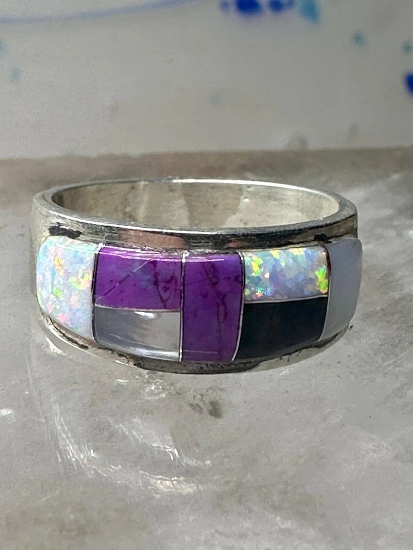 SOUTHWEST RING MOTHER OF PEARL ONYX LAB OPAL PINKY SIZE 4.75 STERLING SILVER WOM (1 of 2)