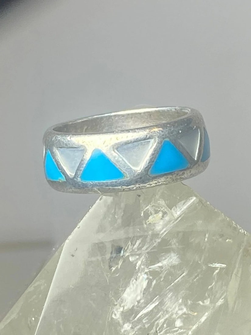 TURQUOISE RING MOTHER OF PEARL BAND WEDDING PINKY SOUTHWEST STERLING SILVER WOME (1 of 2)