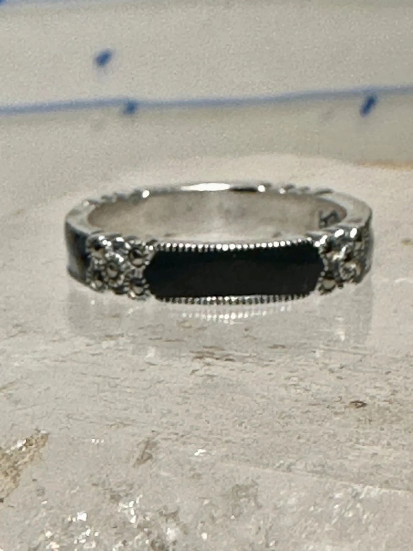 JUDITH JACK RING WEDDING BLACK ENAMEL BAND MARCASITE STACKER SIZE 7.7 STERLING S (1 of 2)