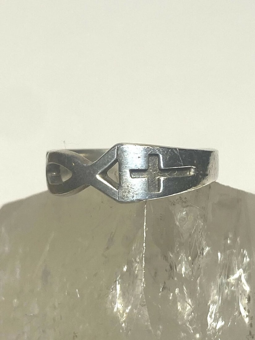 CROSS RING RELIGIOUS FISH BAND STERLING SILVER WOMEN GIRLS (1 of 2)