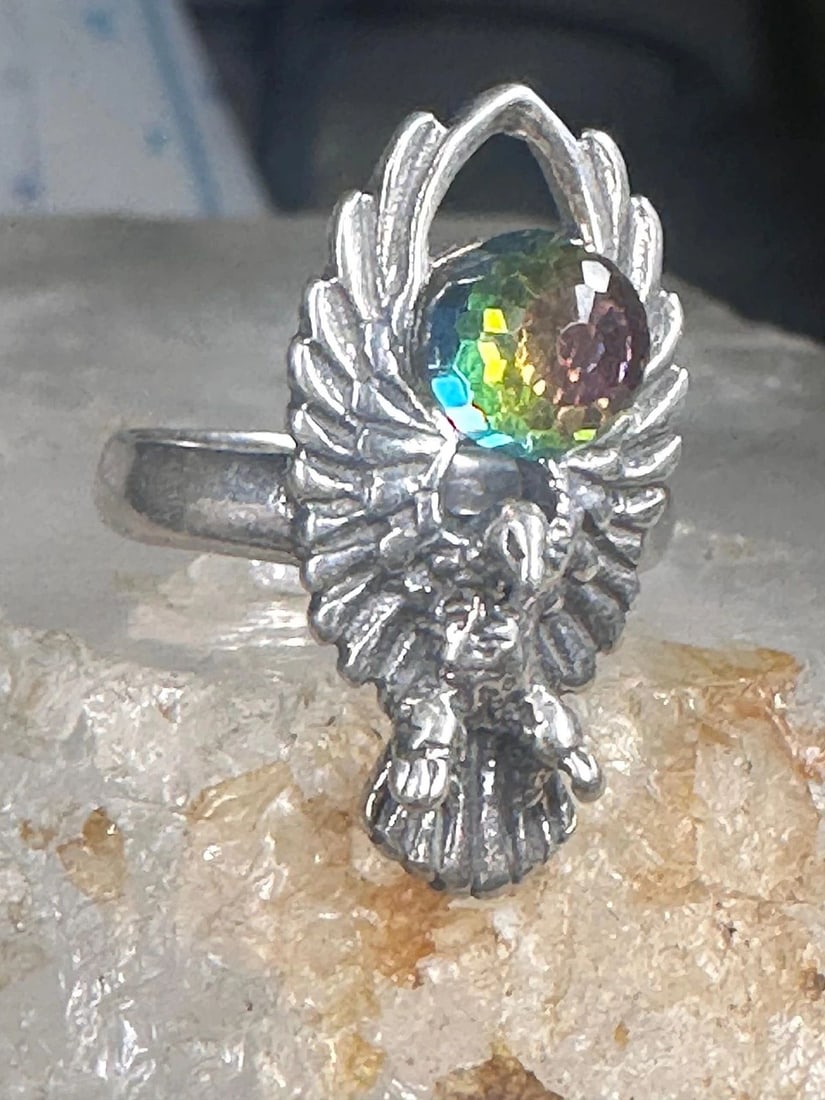 EAGLE RING CRYSTAL RAINBOW PRISM ORB BY SHUBE SIZE 4.50 PINKY STERLING SILVER BA: EAGLE RING CRYSTAL RAINBOW PRISM ORB BY SHUBE SIZE 4.50 PINKY STERLING SILVER BA Eagle ring Rainbow Crystal prism orb by Shube size 4.50 pinky sterling silver band Size 9 Weight 9.4g Width. 3/4" Thinn