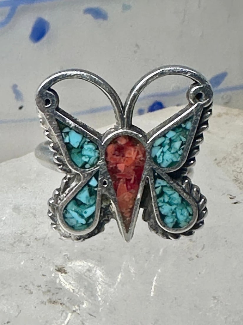BUTTERFLY RING SOUTHWEST STERLING SILVER TURQUOISE CORAL CHIPS SIZE 4 GIRLS WOME (1 of 2)