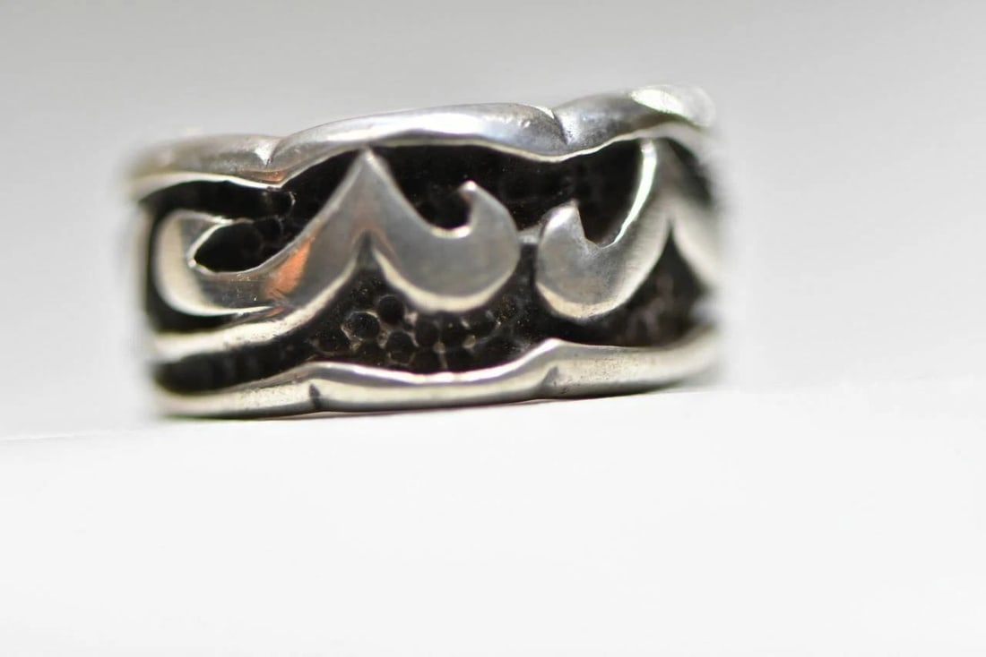 FLORAL RING GEOMETRIC ABSTRACT HEAVY BAND STERLING SILVER WOMEN SIZE 6.75 (1 of 2)