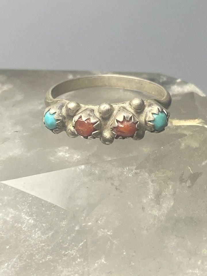 CORAL TURQUOISE RING STACKER BAND SOUTHWEST STERLING SILVER WOMEN GIRLS: CORAL TURQUOISE RING STACKER BAND SOUTHWEST STERLING SILVER WOMEN GIRLS Coral turquoise ring stacker band southwest sterling silver women girls Size 5.75 Weight 1.8g Width 5/32" Thinnest part of band 