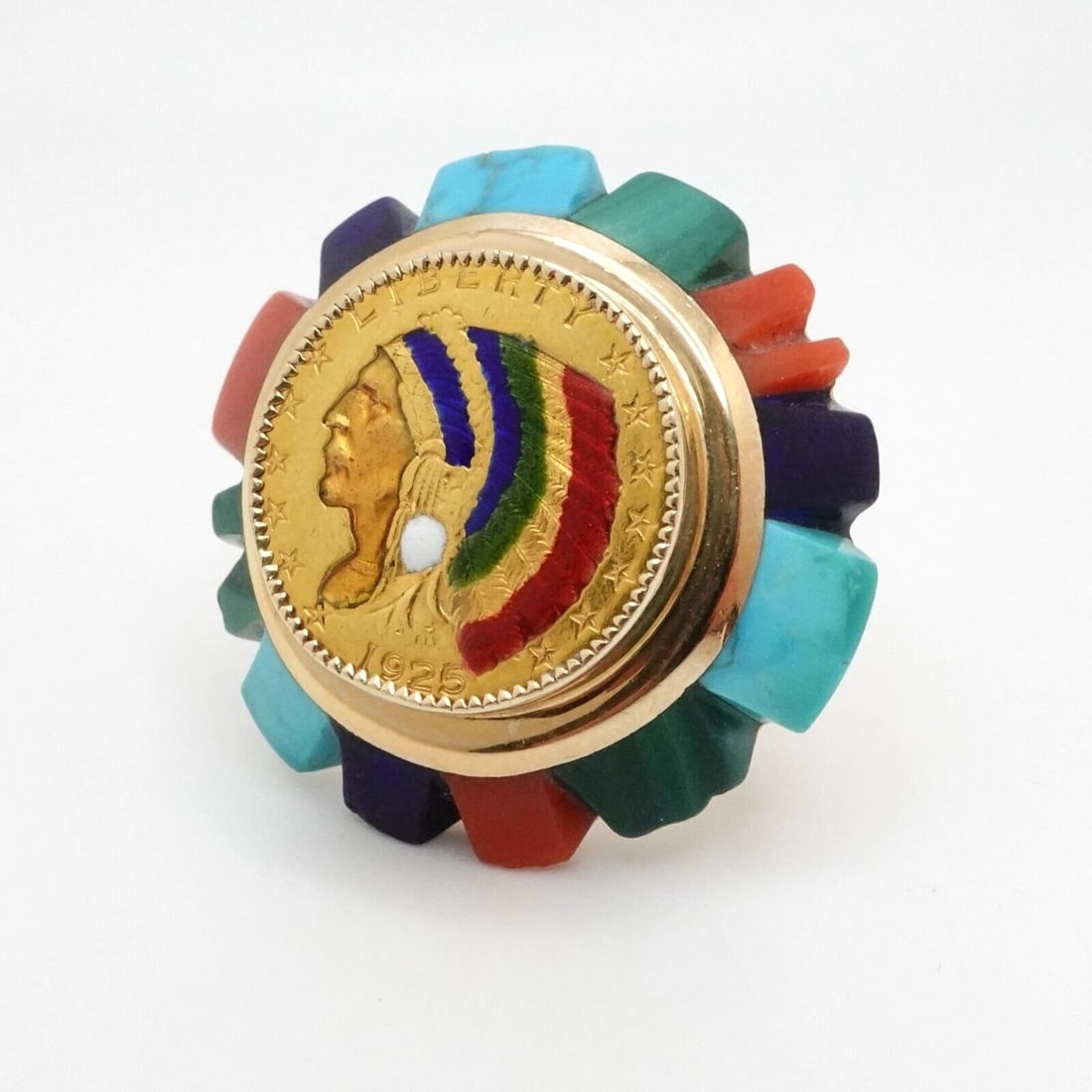 1925 INDIAN HEAD GOLD COIN ON 14K RING ENAMEL MULTI GEMSTONE RING - SIZE 7.5: 1925 INDIAN HEAD GOLD COIN ON 14K RING ENAMEL MULTI GEMSTONE RING - SIZE 7.5 14K Yellow Gold Ring 1925 Indian Head Gold Coin Enamel Multi Gemstone Ring Size - 7.5 Ring Height - 31mm Band Width - 5mm T