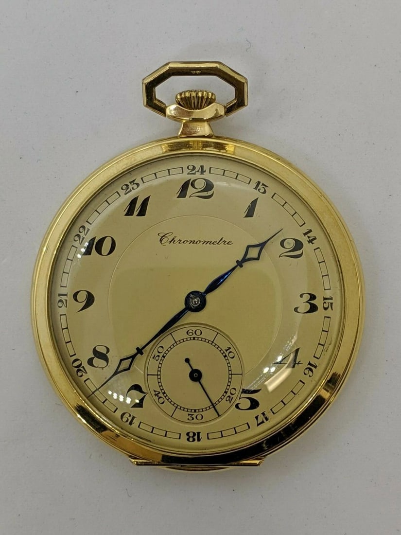 CHRONOMETRE BODOVAR WATCH CO. 18K YELLOW GOLD HAND WINDING POCKET WATCH - 46MM: CHRONOMETRE BODOVAR WATCH CO. 18K YELLOW GOLD HAND WINDING POCKET WATCH - 46MM Chronometre Bodovar Watch Co. 18K Yellow Gold Hand Winding Pocket Watch Case Size- 46mm Reference - 105724 Movement # 701