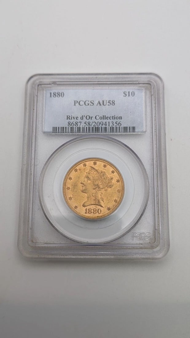 1880 $10 LIBERTY HEAD GOLD COIN RIVE D'OR COLLECTION PCGS AU 58: 1880 $10 Liberty Head Gold Coin Rive d'Or Collection PCGS AU 58 Book Value - $1400
