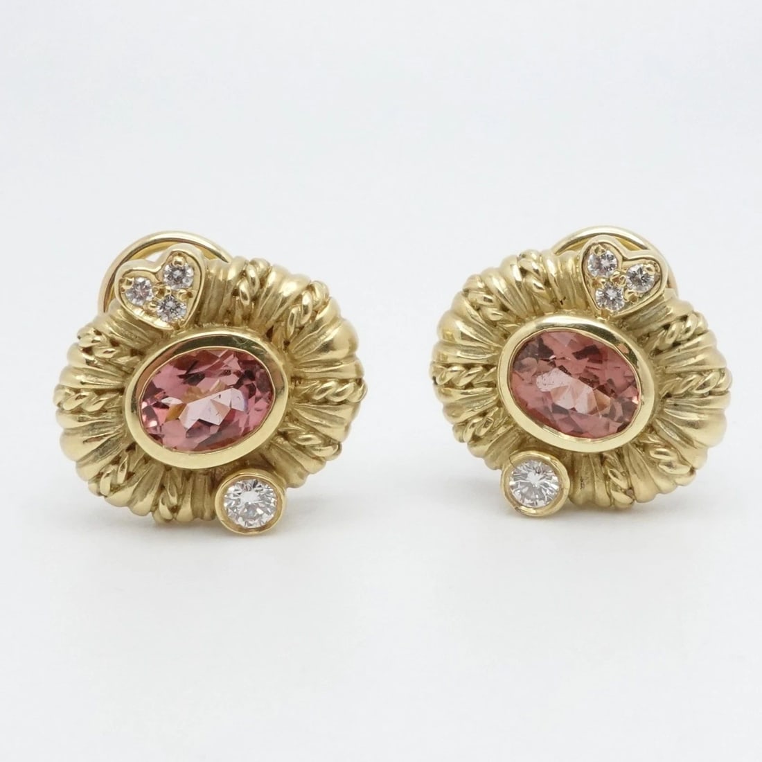 JUDITH RIPKA 18K YELLOW GOLD PINK TOURMALINE DIAMOND OMEGA BACK STUD EARRINGS: JUDITH RIPKA 18K YELLOW GOLD PINK TOURMALINE DIAMOND OMEGA BACK STUD EARRINGS Judith Ripka 18K Yellow Gold Pink Tourmaline & Diamond Accent Omega Back Stud Earrings Measurements (L x W) - 17mm x 19mm 