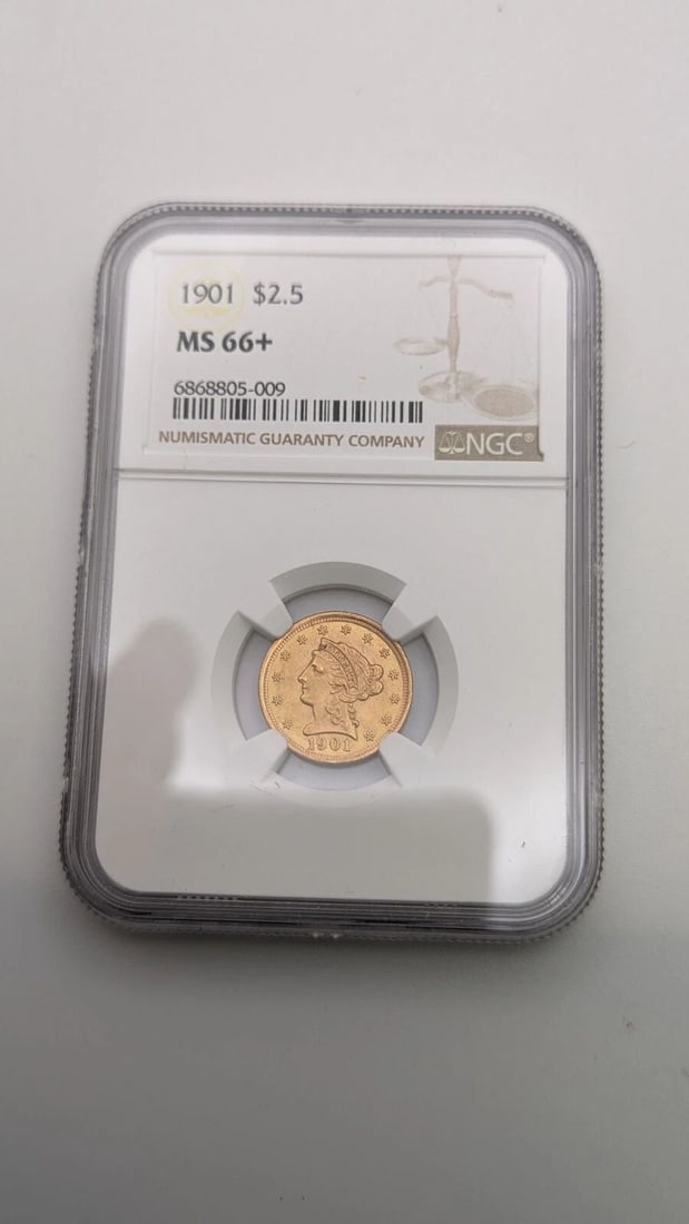 1901 $2.5 GOLD LIBERTY HEAD QUARTER EAGLE COIN NGC MS66+: 1901 $2.5 Gold Liberty Head Quarter Eagle NGC MS 66+ Book Value - $2550