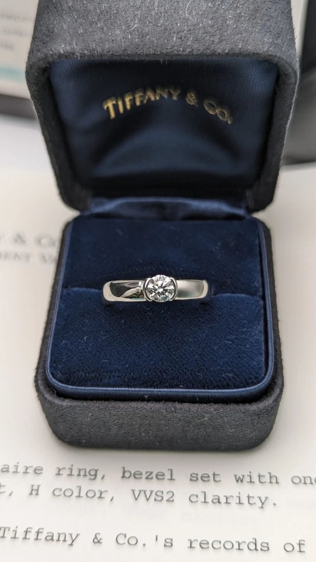 TIFFANY & CO. SOLITAIRE PLAT DIAMOND 0.35CT H COLOR VVS2 RING - SIZE 5 COMPLETE: Tiffany & Co. Solitaire Platinum Diamond Ring Tiffany & Co. Certified Registration Number - 18645157/E12080215 Shape - Round Cut - Brilliant Measurement - 4.47 - 4.50 x 2.79mm Weight - 0.35 Carat Cut 