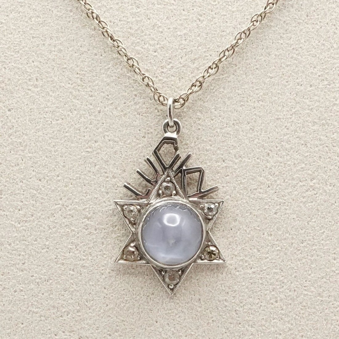 PLATINUM SAPPHIRE DIAMOND LUCKY STAR PENDANT WITH 14K WHITE GOLD CHAIN NECKLACE: PLATINUM DIAMOND LUCKY STAR OF DAVID CHARM PENDANT WITH 14K GOLD CHAIN NECKLACE Platinum Sapphire & Diamond Lucky Star Charm Pendant with 14K White Gold Chain Necklace Length - 17" Long Chain Width - 