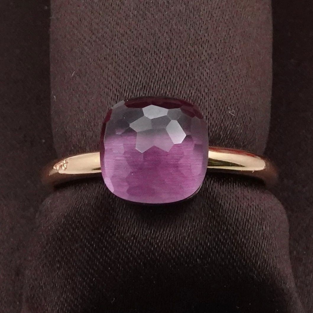POMELLATO NUDO 18K YELLOW GOLD FACETED AMETHYST RING SIZE 7.5 BOX & CASE: POMELLATO NUDO 18K YELLOW GOLD FACETED AMETHYST RING SIZE 7.5 BOX & CASE Pomellato Nudo Classic 18K Yellow Gold Faceted Amethyst Ring Size - 7.5 Band Width - 2mm Gemstone Size - 8.5mm Height (Head to 