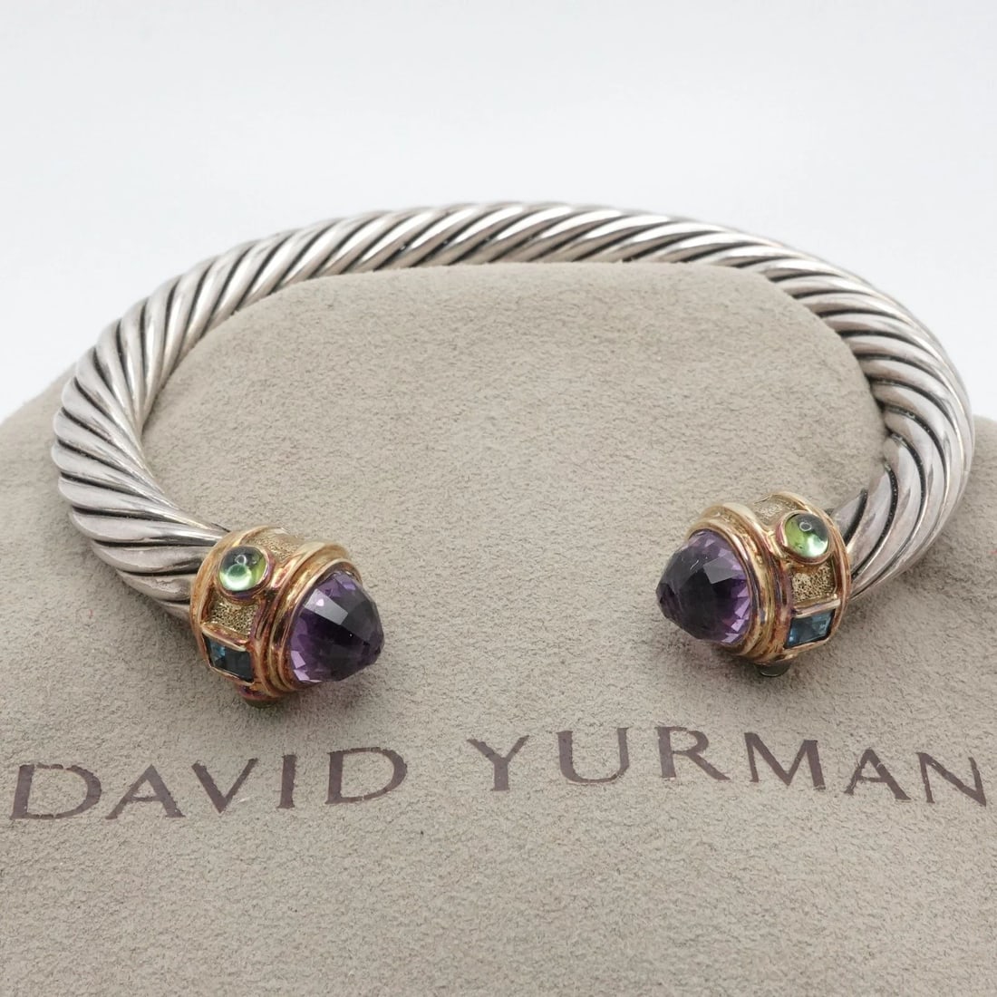 DAVID YURMAN RENAISSANCE 14K GOLD STERLING SILVER AMETHYST CABLE BRACELET 6.75": DAVID YURMAN RENAISSANCE 14K GOLD STERLING SILVER AMETHYST CABLE BRACELET 6.75" David Yurman Renaissance 14K Yellow Gold Sterling Silver Amethyst with Peridot & Blue Topaz Cable Bracelet Fits up to 6.