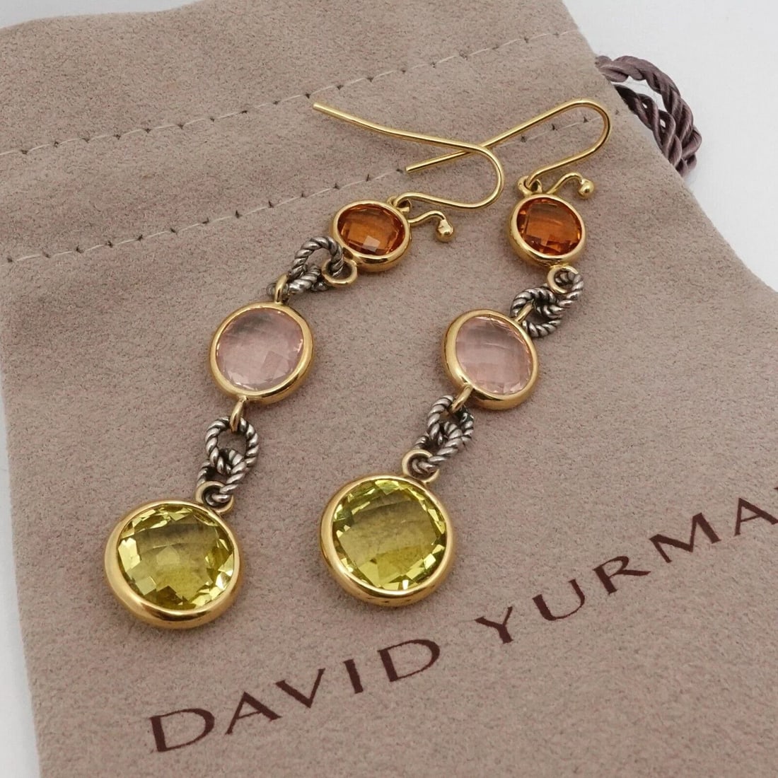 DAVID YURMAN 18K YELLOW GOLD STERLING SILVER MULTI GEMSTONE DANGLE EARRINGS 3" (1 of 2)