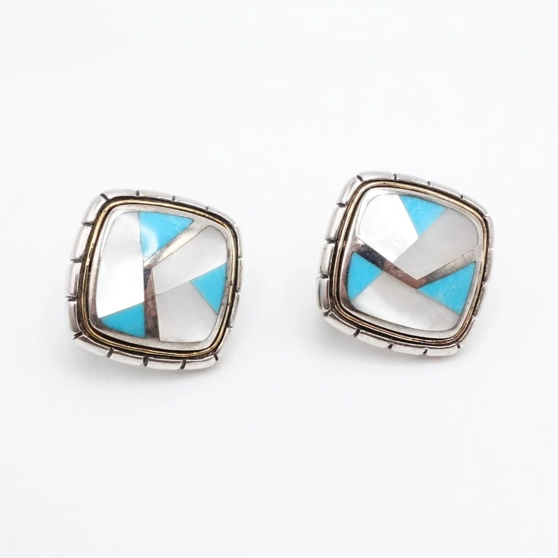 ERIC GROSSBARDT 18K GOLD STERLING SILVER MOTHER OF PEARL TURQUOISE EARRINGS: ERIC GROSSBARDT 18K GOLD STERLING SILVER MOTHER OF PEARL TURQUOISE EARRINGS Designer Eric Grossbardt 18K Yellow Gold Sterling Silver Mother of Pearl & Turquoise Inlay Omega Back Earrings Height - 1" T