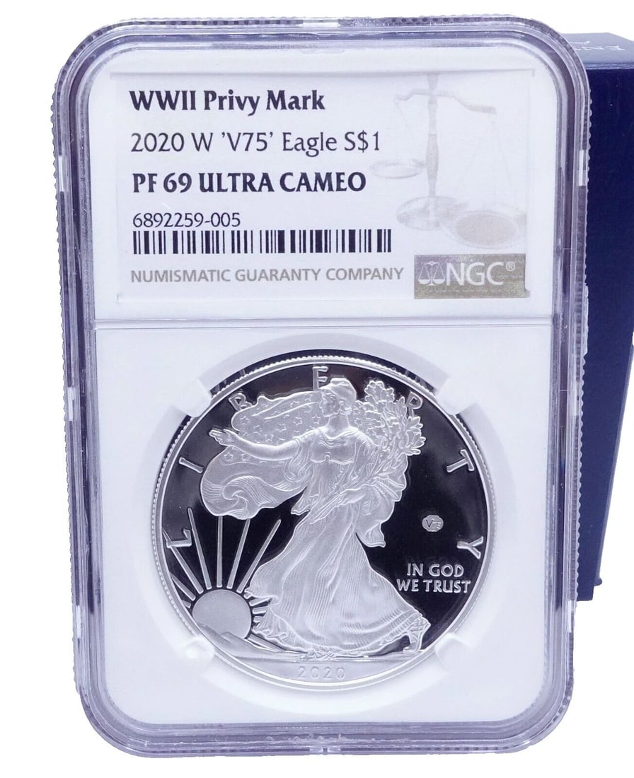 2020-W WWII PRIVY MARK V75 EAGLE SILVER $1 COIN - NGC PF 69 ULTRA CAMEO BOX COA (1 of 2)