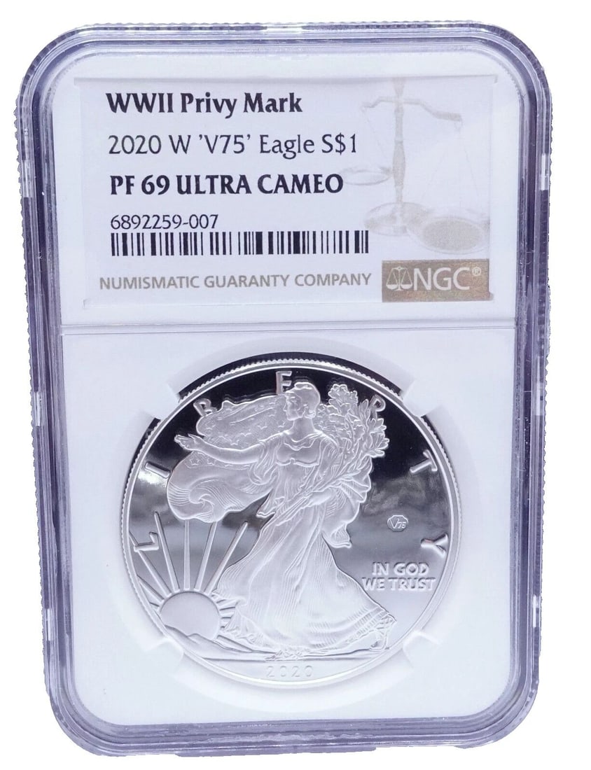 2020-W WWII PRIVY MARK V75 EAGLE SILVER $1 COIN - NGC PF 69 ULTRA CAMEO OGP COA (1 of 2)