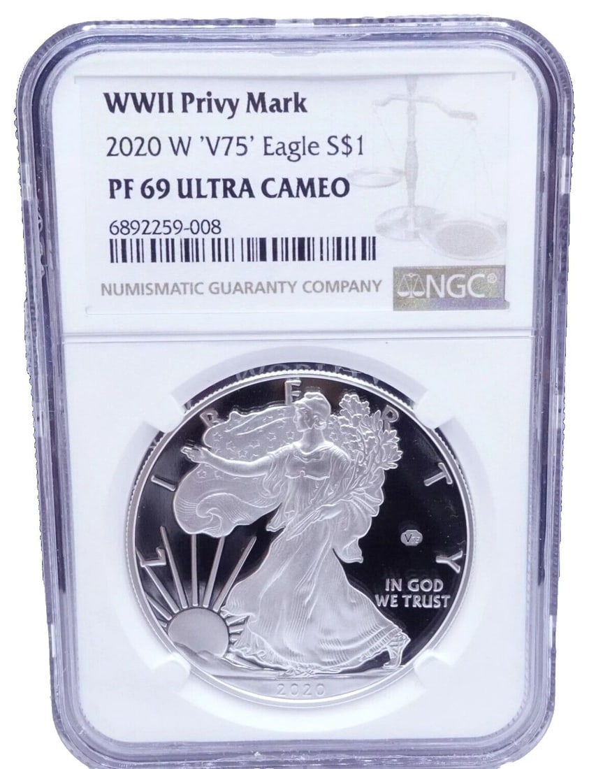 2020-W WWII PRIVY MARK V75 EAGLE SILVER $1 COIN - NGC PF 69 ULTRA CAMEO: 2020-W WWII Privy Mark 'V75' Eagle Silver $1 Coin NGC Certified - PF 69 Ultra Cameo OGP Box & COA Included