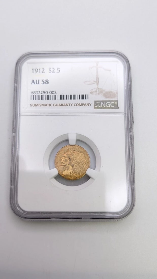 1912 $2.5 GOLD INDIAN HEAD QUARTER EAGLE COIN NGC AU 58: 1912 $2.5 Gold Indian Head Quarter Eagle Coin NGC AU 58 Book Value - $555