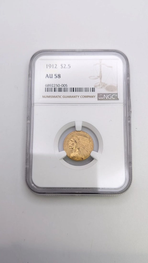 1912 $2.5 GOLD INDIAN HEAD QUARTER EAGLE COIN NGC AU 58: 1912 $2.5 Gold Indian Head Quarter Eagle Coin NGC AU 58 Book Value - $555