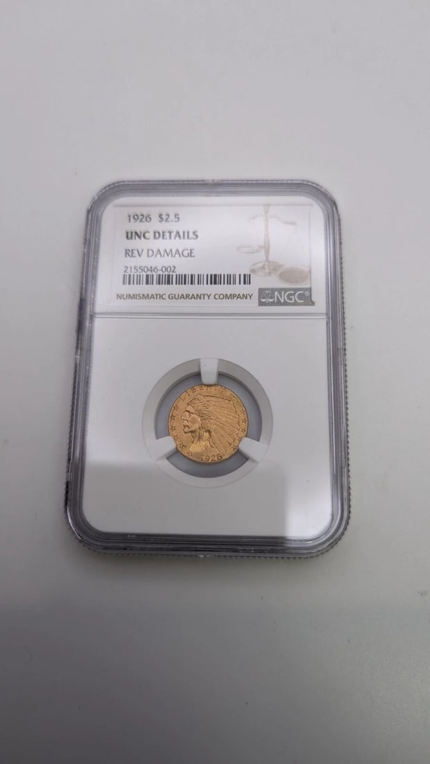 1926 $2.5 GOLD INDIAN HEAD QUARTER EAGLE COIN NGC UNC DETAILS: 1926 $2.5 Gold Indian Head Quarter Eagle NGC UNC Details REV Damage