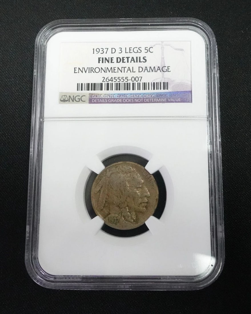 1937 D 5C INDIAN HEAD 3 LEGS BUFFALO COIN - NGC FINE DETAILS (1 of 2)