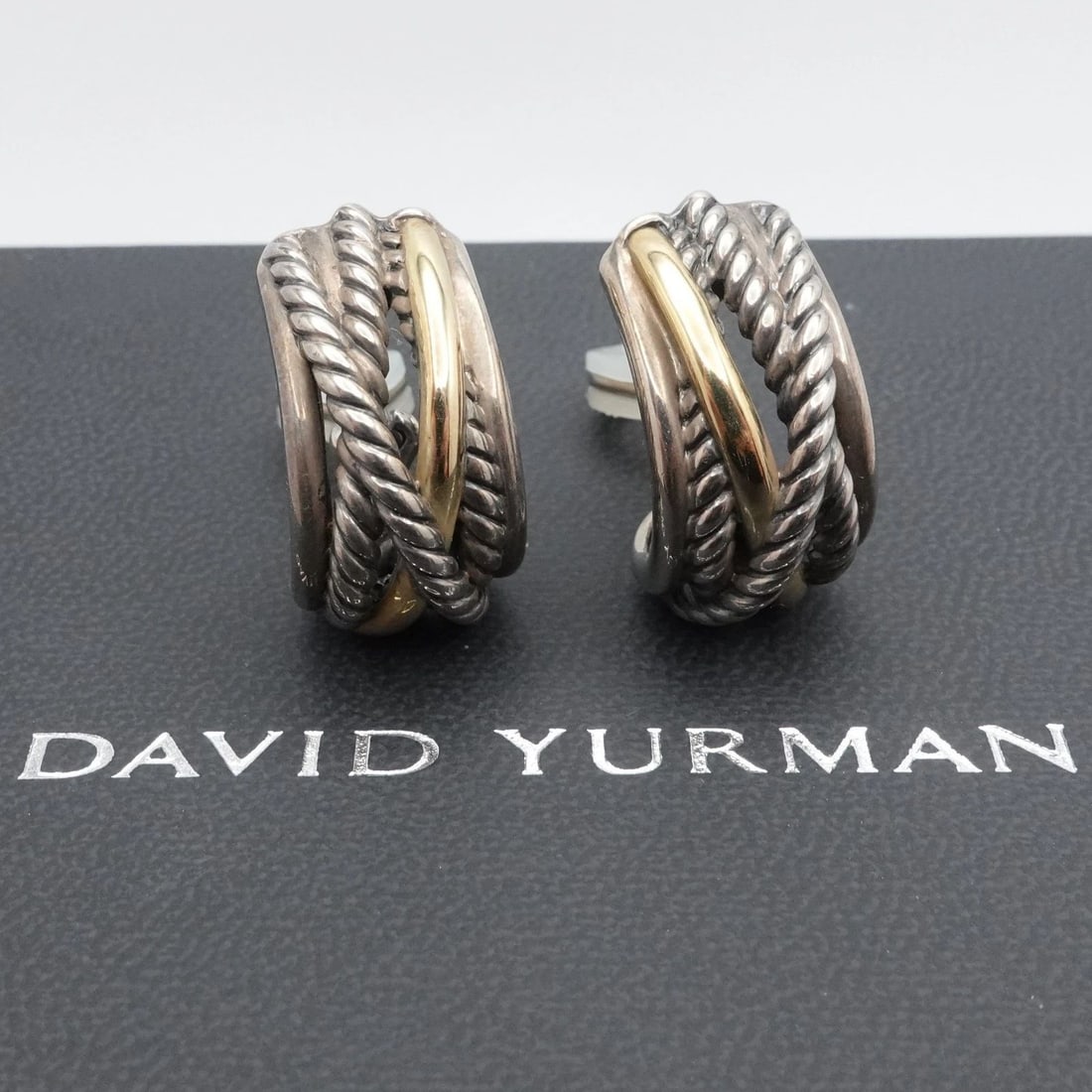DAVID YURMAN 14K YELLOW GOLD STERLING SILVER CROSSOVER OMEGA BACK EARRINGS BOX (1 of 2)