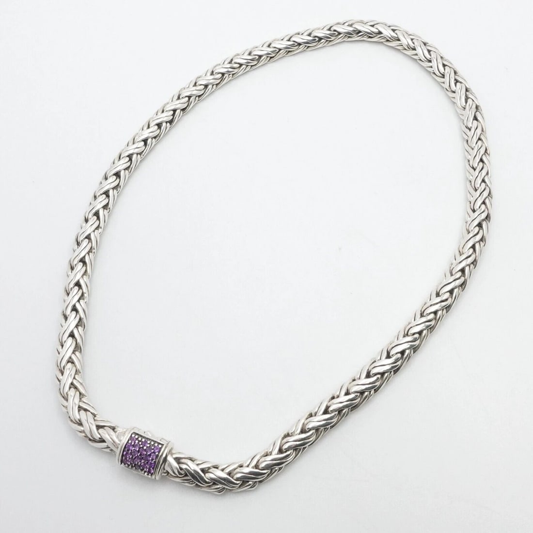 JOHN HARDY STERLING SILVER PAVE AMETHYST BRAIDED CHAIN CHOKER NECKLACE 16": JOHN HARDY STERLING SILVER PAVE AMETHYST BRAIDED CHAIN CHOKER NECKLACE 16" John Hardy Sterling Silver Pave Amethyst Clasp Braided Chain Choker Necklace Length - 16" Chain Width - 6.5mm Depth - 5mm Thi