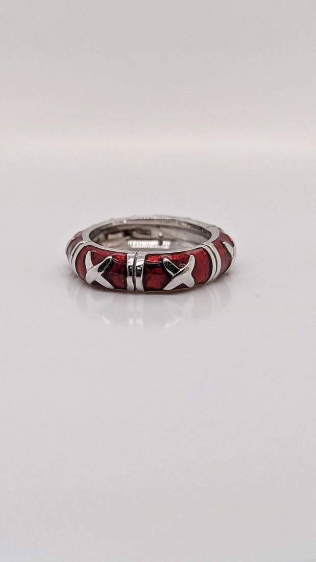 HIDALGO 18K WHITE GOLD DIAMOND X RED ENAMEL BAND RING - SIZE 5.25: HIDALGO 18K WHITE GOLD DIAMOND X RED ENAMEL BAND RING - SIZE 5.25 Hidalgo 18K White Gold & Diamond Red Enamel Ring Ring Size - 5.25 Width - 5mm Weight -6.8 Grams Excellent Condition & Well Kept