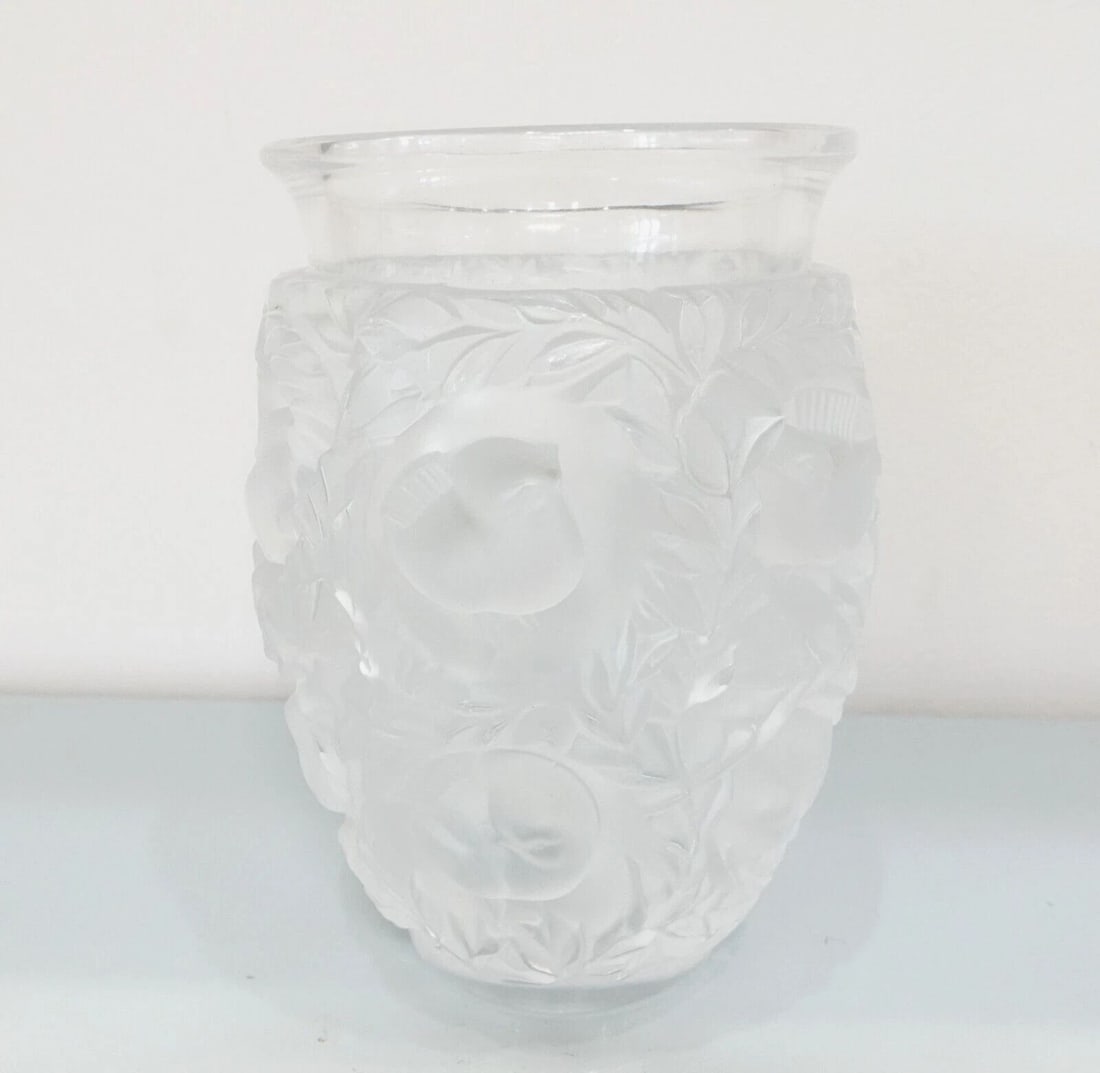 LALIQUE BAGATELLE SPARROW BIRD & LEAVES FROSTED CLEAR CRYSTAL VASE - 6.5" (1 of 2)