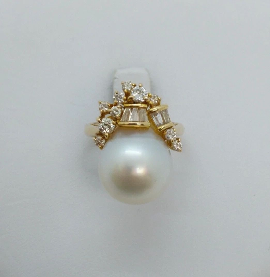 14K YELLOW GOLD CULTURED PEARL & DIAMOND COCKTAIL RING - SIZE 4.25 GAL (1 of 2)