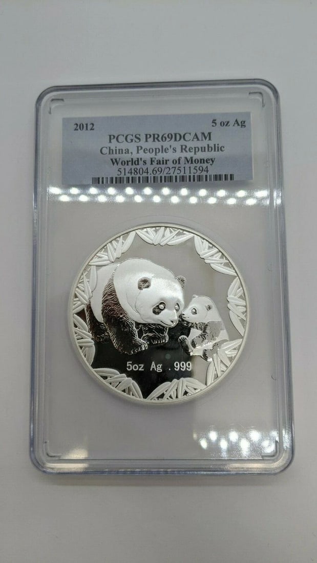 2012 CHINA 5 OZ. SILVER PANDA WORLD'S FAIR OF MONEY - PCGS PR69 DCAM: 2012 China 5 oz Silver Panda People's Republic World Fair of Money PCGS PR69 DCAM Excellent Condition & Very Well Kept