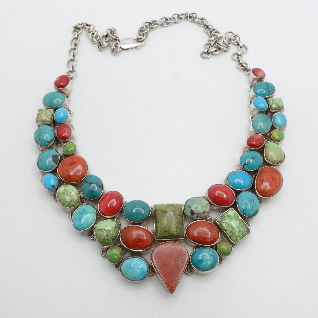STERLING SILVER MULTI GEMSTONE COLLARD BIB STATEMENT NECKLACE 20" (1 of 2)