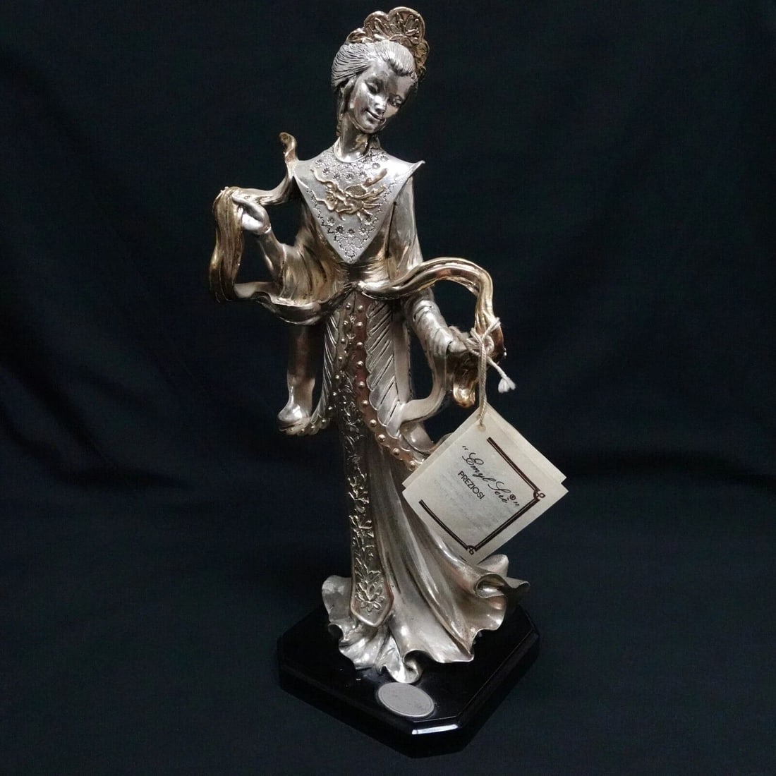 EMYL SERE PREZIOSI D'ARTEHAND CAST MARBLE SILVER OVERLAY WOMAN STATUE - 13.5": PREZIOSI D'ARTE EMYL SERE HAND CAST MARBLE SILVER OVERLAY WOMAN STATUE - 13.5" Preziosi D'Arte Emyl Sere Hand Cast Marble Silver & Gold Overlay Woman Statue 1988 11/100 Limited Edition with Black Wood