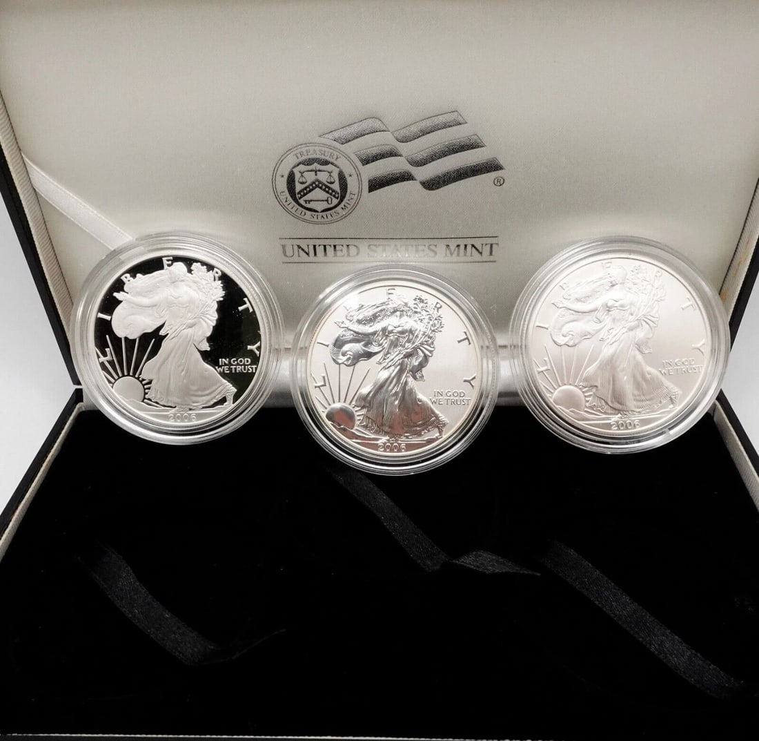 2006 AMERICAN EAGLE 20TH ANNIVERSARY SILVER $1 DOLLAR 3 COIN SET - OGP & COA (1 of 2)